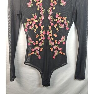 BCBGMAXAZRIA Sheer Embroidered Mesh Bodysuit Red & Black  Floral‎ XS Long Sleeve